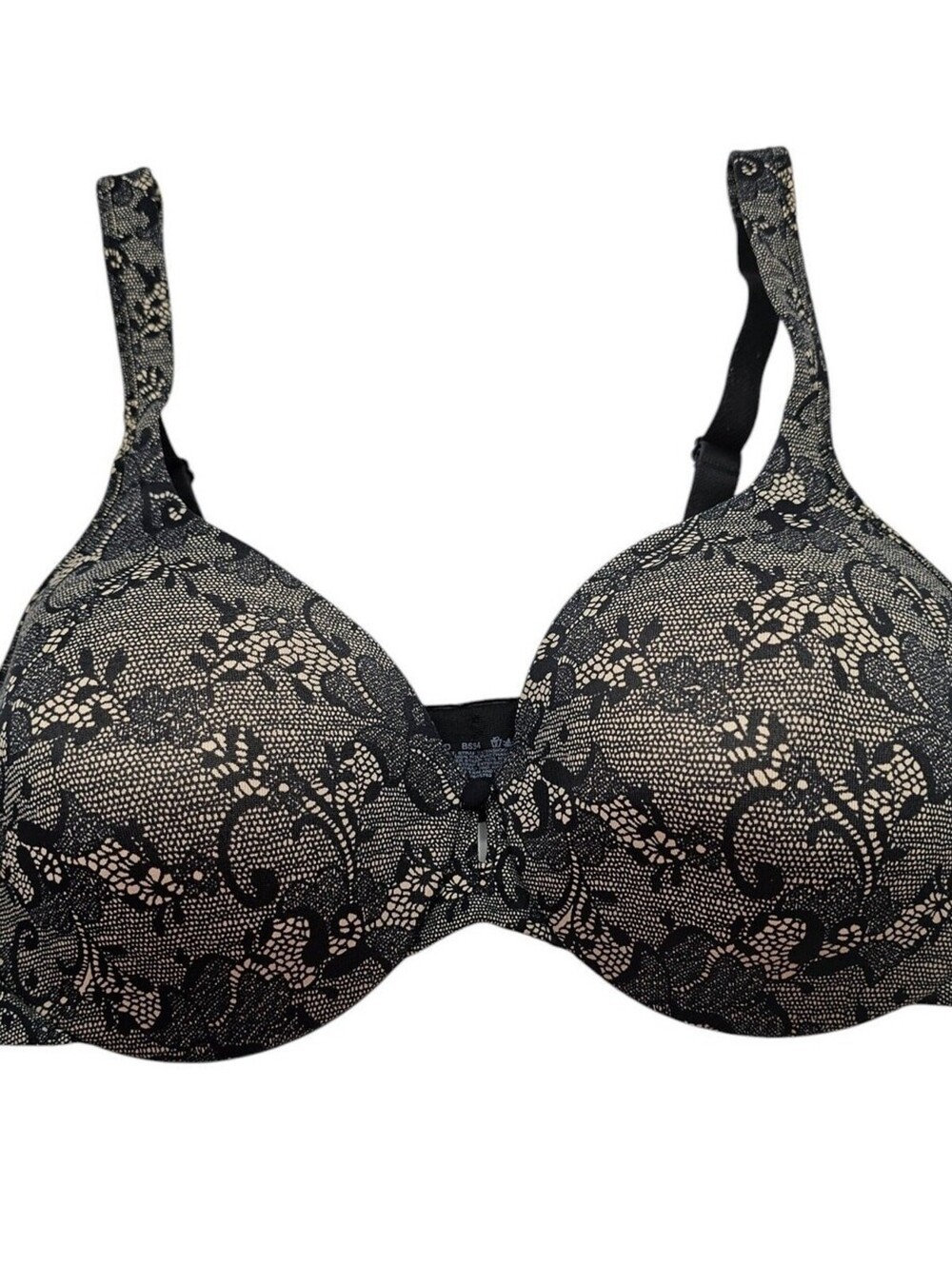 Bali Womens Sz 36D Classic Lightly Lined T Shirt Bra Cream Black Lace Print